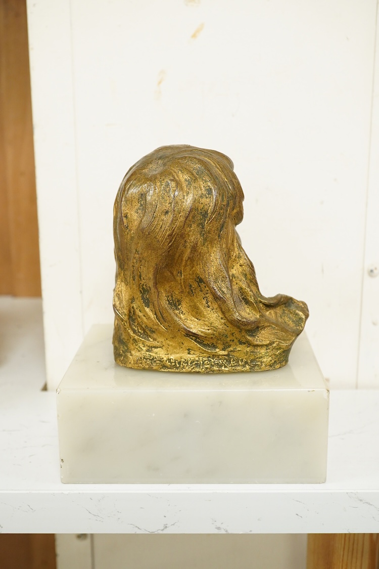 A late 19th century gilt bronze bust of a girl, indistinctly signed, raised on marble base, 16cm high